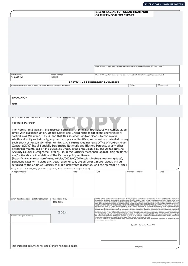 Bill of Lading — maszyna — PUBLICZNA KOPIA · DANE USUNIĘTE