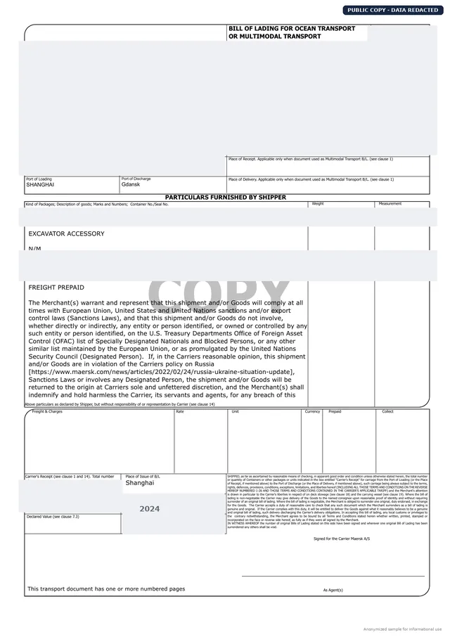 Bill of Lading — części maszyn — PUBLICZNA KOPIA · DANE USUNIĘTE